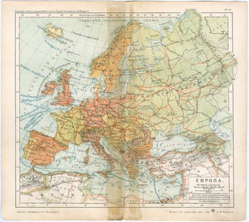 Карта Европа Литография Изд. Маркса С. Петербург Картографическое заведение 1903 год