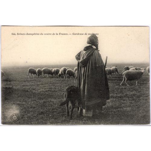 Открытка Овцы Овца Пастух Собака 644 Scenes champetes du centre de la France Gardeuse de moutons
