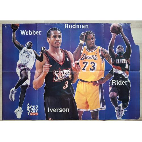 Плакат Постер Баскетбол Уэббер Айверсон Родман Basketball Vintage Poster Webber Iverson Rodman Rider