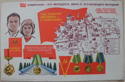 Плакат СССР Коммунизм молодость мира  Москва 1981 год КПСС Медаль Комсомол Ленин Агитация Пропаганда