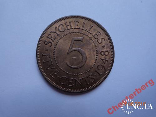 Британские Сейшельские о-ва 5 центов 1948 George VI СУПЕР состояние очень редкая
