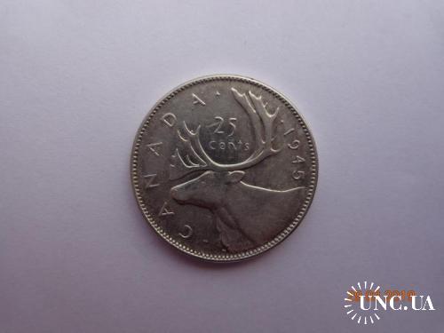 Канада 25 центов 1945 George VI "Caribou" серебро отличное состояние очень редкая
