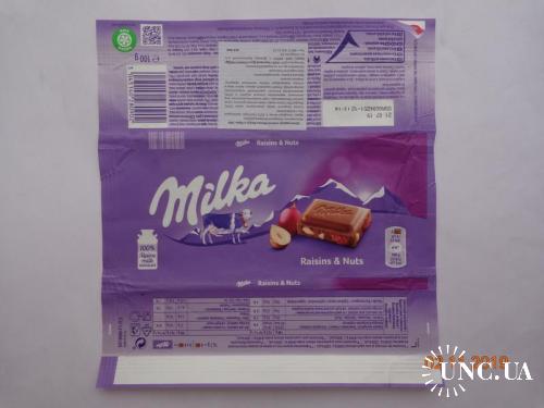 Обёртка от шоколада "Milka Raisins &amp; Nuts" 100 g (Mondelez Deutschland, Lorrach, Германия) (2018)