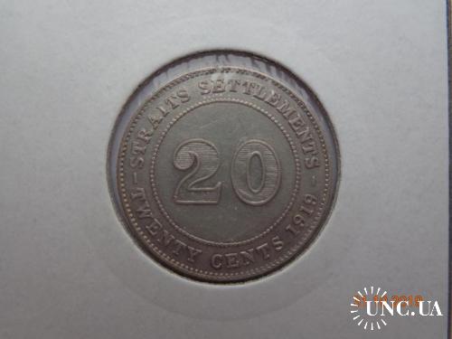 Стрейтс Сетлментс 20 центов 1919B George VI серебро отличное состояние очень редкая
