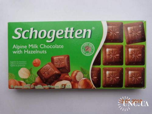 Упаковка от шоколада "Schogetten Alpine Milk Hazelnut" (Ludwig Schokolade, Saarlouis, Германия 2017)
