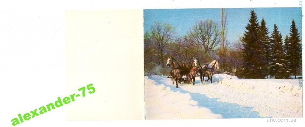 Зима.Снег.Тройка лошадей.Сани.