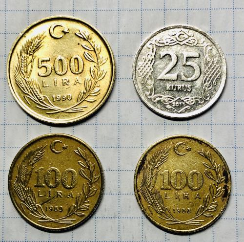 ТУРЦИЯ.  4 монеты: 500 LİRA +100 LİRA 100 лир) 1988, 1989 +25 KURUŞ TÜRKİYE  