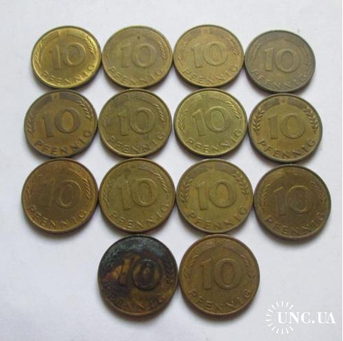 10 пфенингов ФРГ. 14 монет