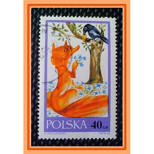 Почтовая марка ПНР  "Персонажи сказок для детей - Лисица и ворона" (1968 г.).  