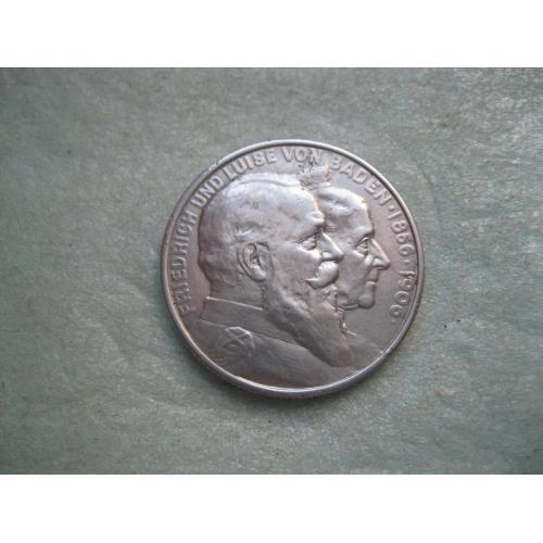 Германия .Баден 2 марки 1906 г., "50 лет свадьбе Фридриха I и Луизы Прусской"Отличный сохран.XF-UNС