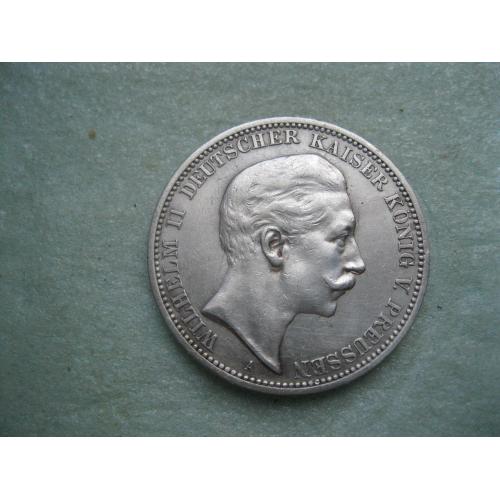 Германия . Королевство Пруссия.3 марки (mark) 1909 года Вильгельм-2 .. Отличный сохран