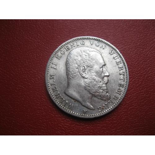 Германия .Вюртемберг 3 марки (mark) 1909 года король ВИЛЬГЕЛЬМ II Оригинал.Серебро.Состояние!