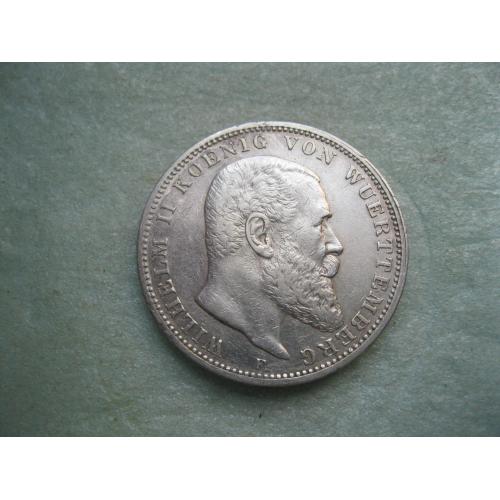 Германия .Вюртемберг 3 марки (mark) 1910 года король ВИЛЬГЕЛЬМ II Оригинал.Серебро.(4)