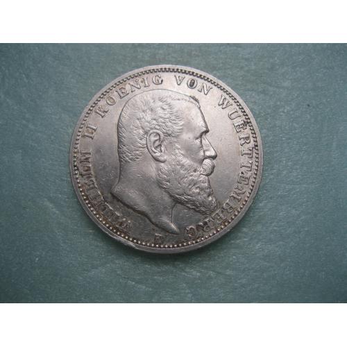Германия .Вюртемберг 3 марки (mark) 1910 года король ВИЛЬГЕЛЬМ II Оригинал.Серебро.