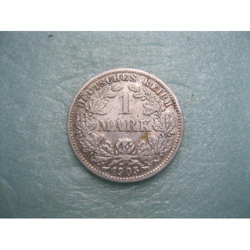 Германская империя 1 марка 1905 г. Монетный двор J . Серебро. Оригинал .Неплохой сохран.