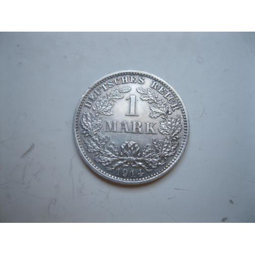 Германская империя 1 марка 1914 г. Монетный двор D. Серебро. Оригинал. .XF-UNC.