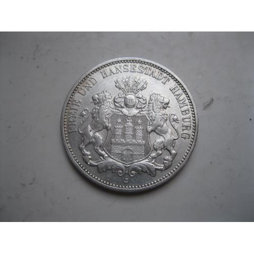 Германская империя 3 марки 1909 J. "Вольный город Гамбург (1871 - 1918)" Серебро. Оригинал. Сохран(2
