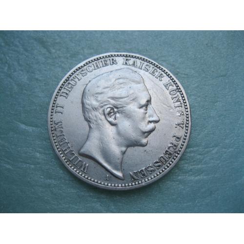 Германская империя .Пруссия 3 марки 1909 А . Вильгельм-2 .Оригинал..Серебро. Хороший сохран !