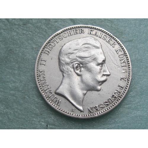 Германская империя .Пруссия 3 марки 1909 А . Вильгельм-2 .Оригинал..Серебро. Хороший сохран !