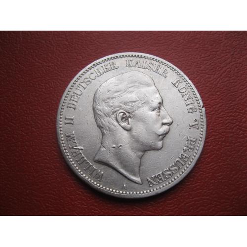 Германская империя .Пруссия.5 марок 1908 А . Вильгельм-2 .Оригинал..Серебро..