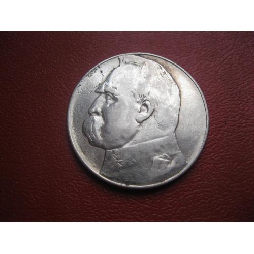 Польща. 10 злотих. 1936 рік. "Юзеф Пілсудський (JÓZEF PIŁSUDSKI)". Срібло. Оригинал. Сохран.