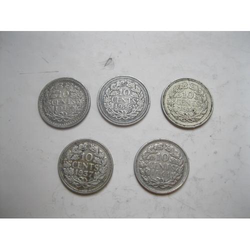Пять монет 10 центов Нидерланды разных годов одним лотом