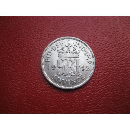 Великобритания. 6 пенсов 1942 г.Серебро ..Оригинал. XF-UNC.(4)