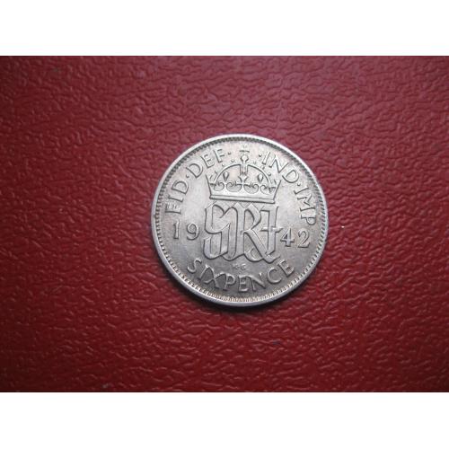 Великобритания. 6 пенсов 1942 г.Серебро ..Оригинал. Состояние.XF-UNC,