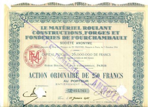 Акция MRCF Франция 1916-1921 год 30х24 см UNC