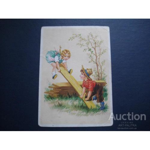 Детская открытка Германия 1929 Девочка на качелях Мальчик Оригинал