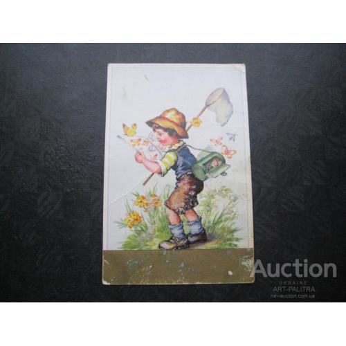 Детская открытка Германия 1945-1950гг. Собиратель Коллекционер бабочек Оригинал