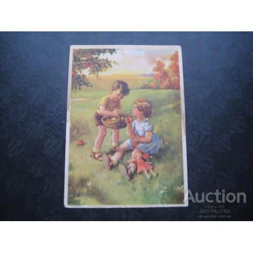 Детская открытка Германия ГДР 1950гг. Дети Кукла Корзинка с яблоками Оригинал