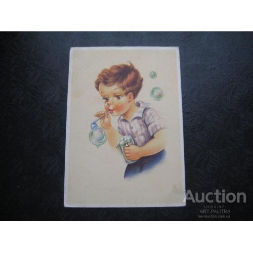 Детская открытка Германия ГДР 1950гг. Мальчик Мыльные пузыри шарики Оригинал