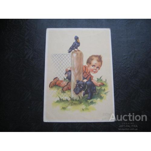 Детская открытка Германия ГДР 1950гг. Мальчик Щенок Воронёнок Оригинал