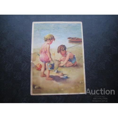 Детская открытка Германия ГДР 1950гг. Мальчики-строители Лодка Оригинал
