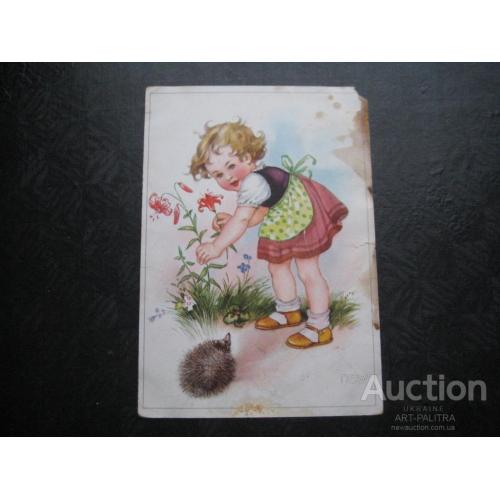 Детская открытка Германия ГДР 1955 год Девочка Ёжик Цветы Оригинал