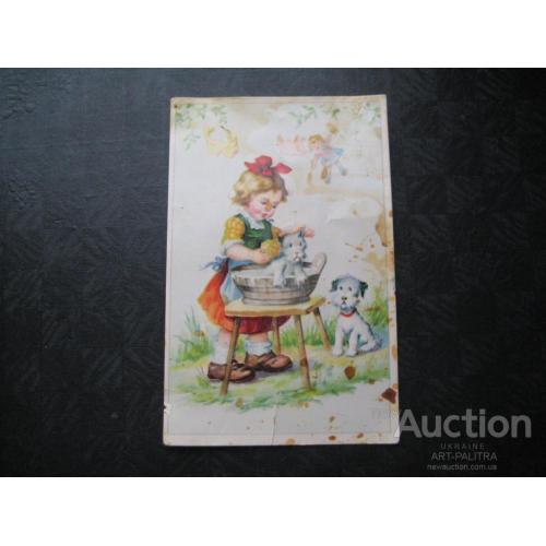 Детская открытка Германия ГДР 1955 год Девочка Собаки Щенок Оригинал