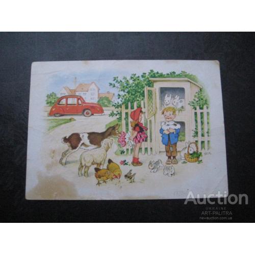 Детская открытка Германия ГДР 1955 Кролики Козочка Ягненок Куры Авто Оригинал
