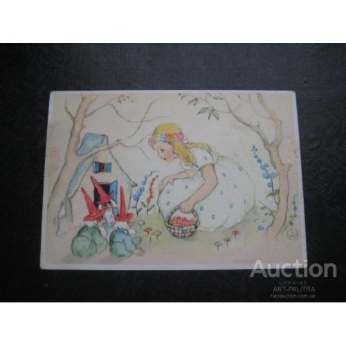 Детская открытка Германия ГДР 1956 Алиса в стране чудес Девочка Гномы Оригинал