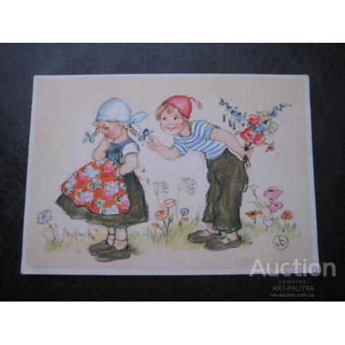 Детская открытка Германия ГДР 1956 Девочка Букет Цветы Раскраска Оригинал