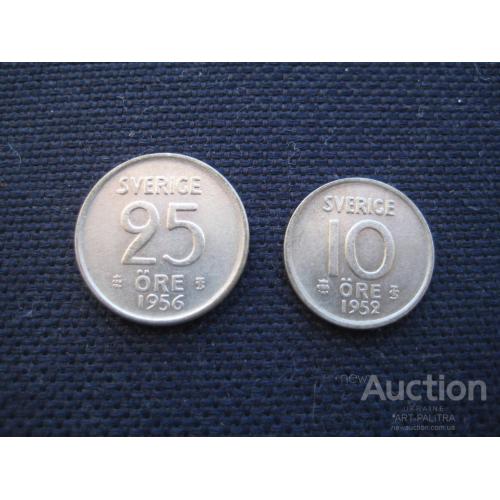 Две монеты-одним лотом 25 и 10 оре 1956 1952 Швеция Густав VI Адольф d-17мм d-15мм Серебро Оригинал