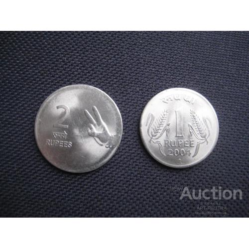 Две монеты-одним лотом Индия 2 рупии Калькутта 2007 1 рупия Мумбаи 2004 d-26 и 24мм. Сталь Оригинал