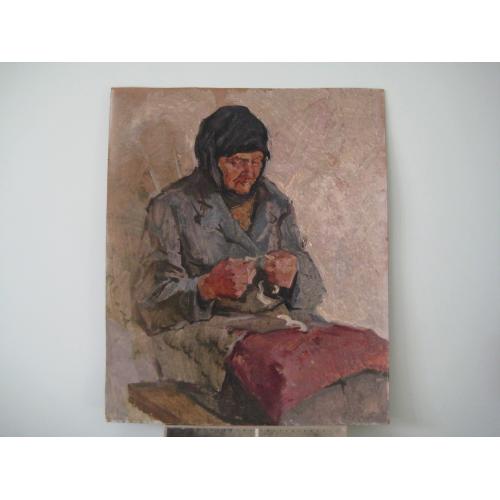 Картина Невідомий художник Українська жінка за вишивкою 1970рр. картон/олія 60х50см. Оригінал