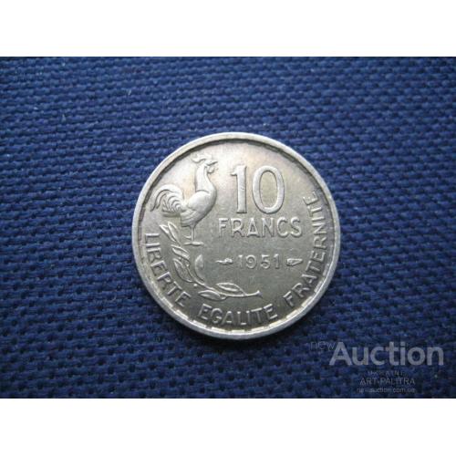 Монета 10 франков 1951 Франция Петух Алюминиевая бронза d-20мм. Оригинал