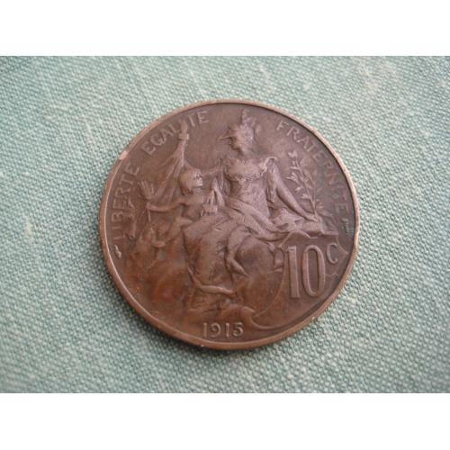 Монета 10 сантимів сантимов 1915 Франція Франция France Третя Республіка Бронза d-30мм. Оригінал