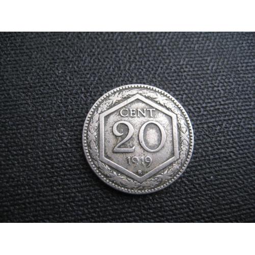 Монета 20 чентезимо Італія Италия 1919 d-21,5мм. Король Віктор-Еммануїл III Нікель Оригінал