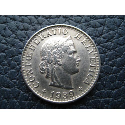 Монета 20 раппен Rappen 1939 B Швейцария HELVETICA Никель d-21мм. Оригинал
