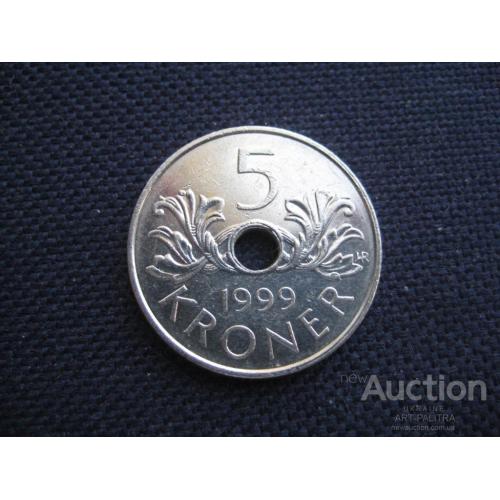 Монета 5 крон 1999 год Король Харальд V Норвегия d-26мм. Никель Оригинал