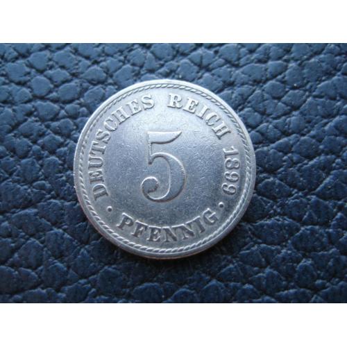 Монета 5 пфеннигов pfennig Германия 1899 А Германская империя d-17мм. Никель Оригинал
