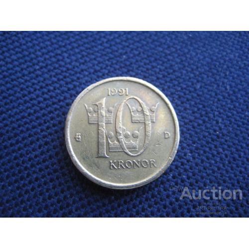 Монета Десять 10 крон 1991 год Швеция Король Карл ХVI Густав d-20мм. Медь-алюминий-цинк Оригинал